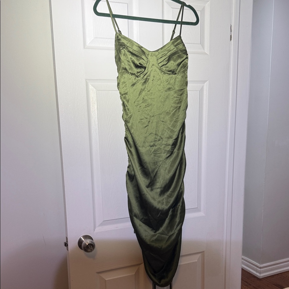 Elegant Olive Green Satin Dress